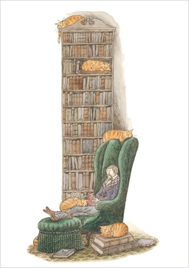 Bibliophile With Cats - Greeting Card | Edward Gorey