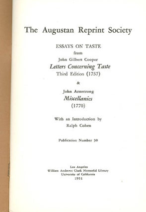 Item #056891 Letters Concerning Taste (1757) and Miscellanies (1770). Publication Number 30. John...