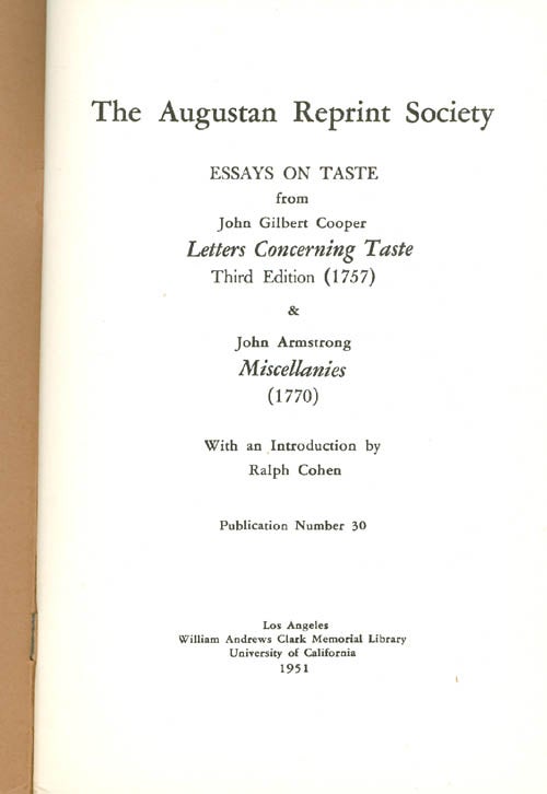 Item #056891 Letters Concerning Taste (1757) and Miscellanies (1770). Publication Number 30. John Gilbert Cooper, John Armstrong, Ralph Cohen, Introduction.