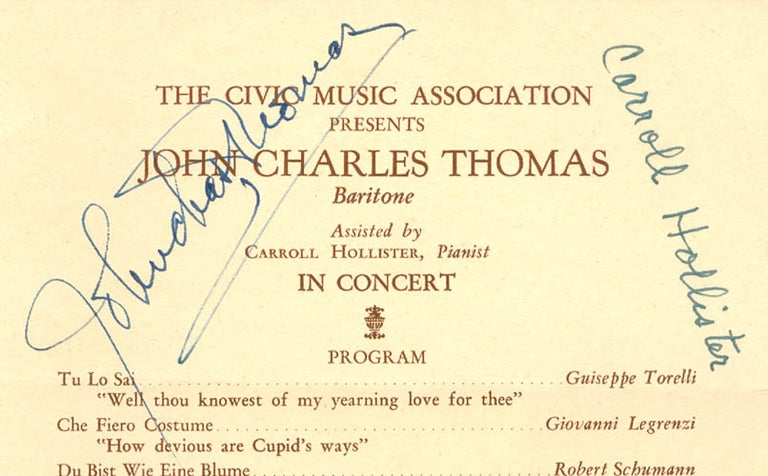 Item #065834 The Civic Music Association Presents John Charles Thomas, Baritone, Assisted by Carroll Hollister, Pianist, in Concert (Program). Anonymous.