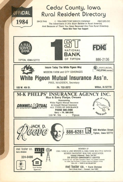 Item #066072 Cedar County, Iowa Rural Resident Directory - 1984. Directory Service Company.