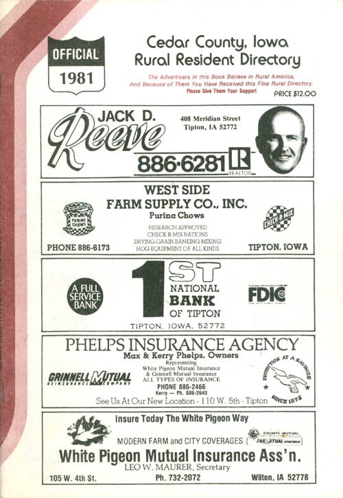 Item #066076 Cedar County, Iowa Rural Resident Directory - 1981. Directory Service Company.