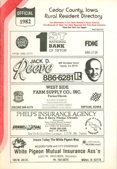 Item #066078 Cedar County, Iowa Rural Resident Directory - 1982. Directory Service Company.