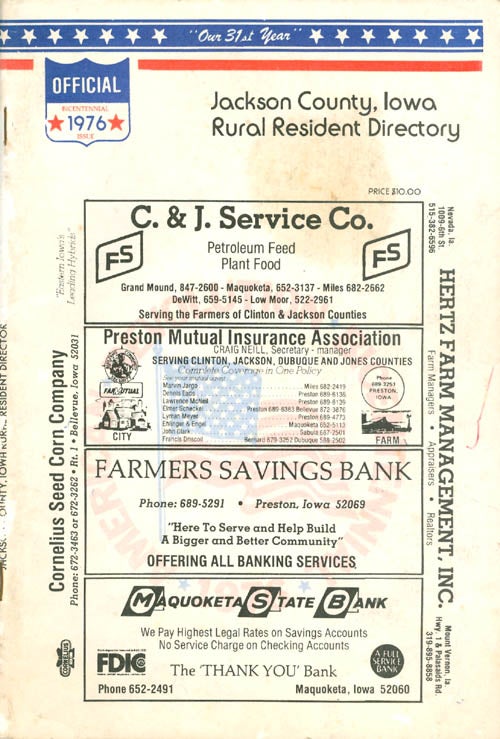 Item #066082 Jackson County, Iowa Rural Resident Directory - 1976. Directory Service Company.