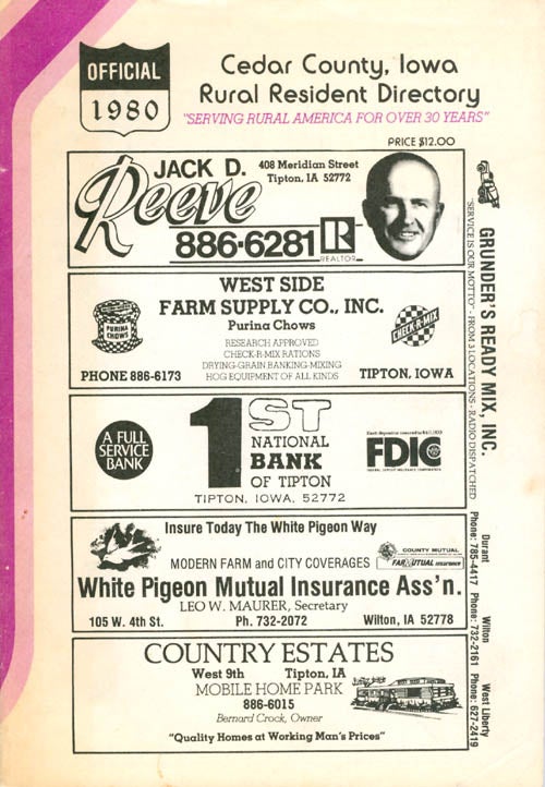 Item #066083 Cedar County, Iowa Rural Resident Directory - 1980. Directory Service Company.