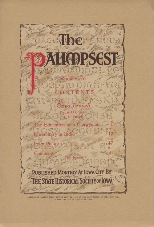 Item #078686 The Palimpsest - Volume 20 Number 1 - January 1939. John Ely Briggs.