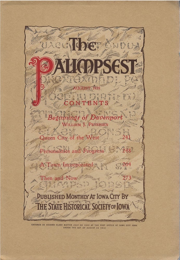 Item #78940 The Palimpsest - Volume 20 Number 8 - August 1939. John Ely Briggs.