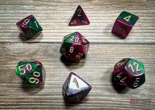 Item #80017 Gemini Green-Purple/Gold 7-die Polyhedral Set